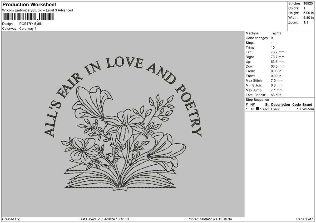 Bookflower Embroidery File 6 sizes