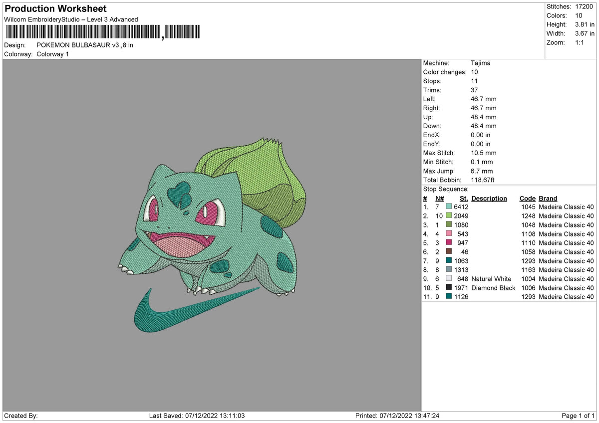 Bulbasaur Swoosh V3 Embroidery File 6 sizes