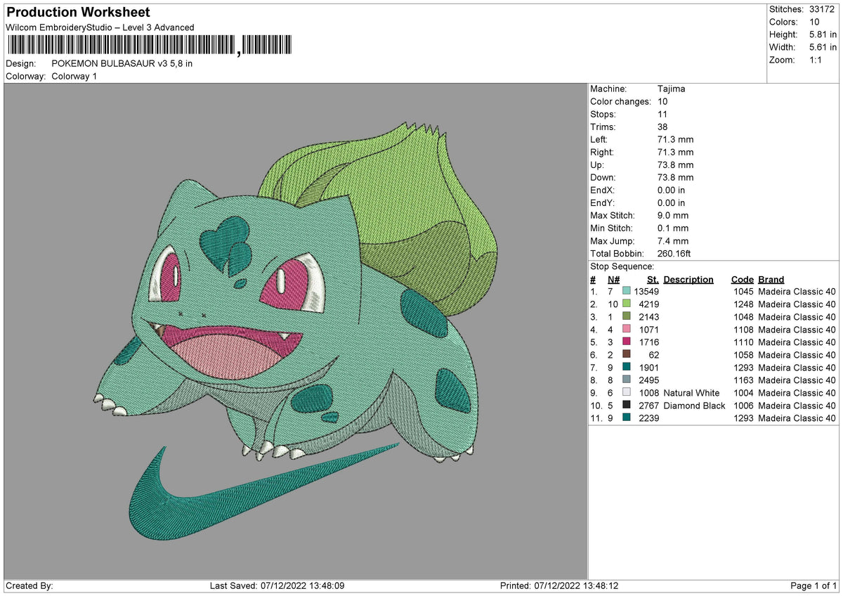 Bulbasaur Swoosh V3 Embroidery File 6 sizes