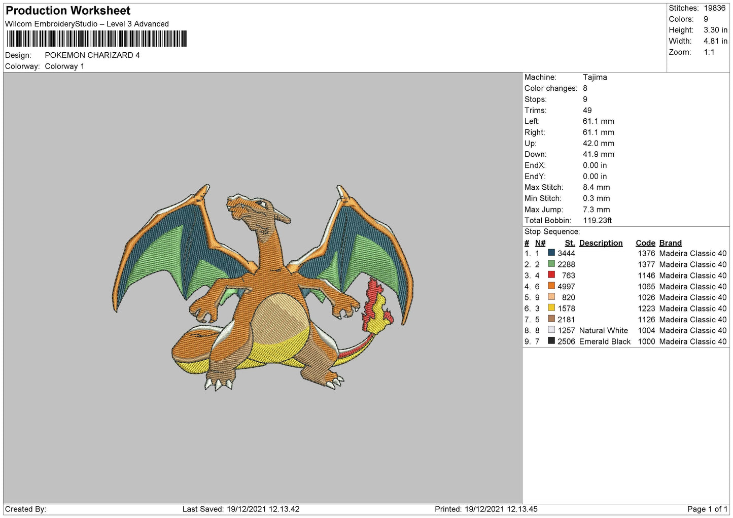 Pokemon Charizard Embroidery