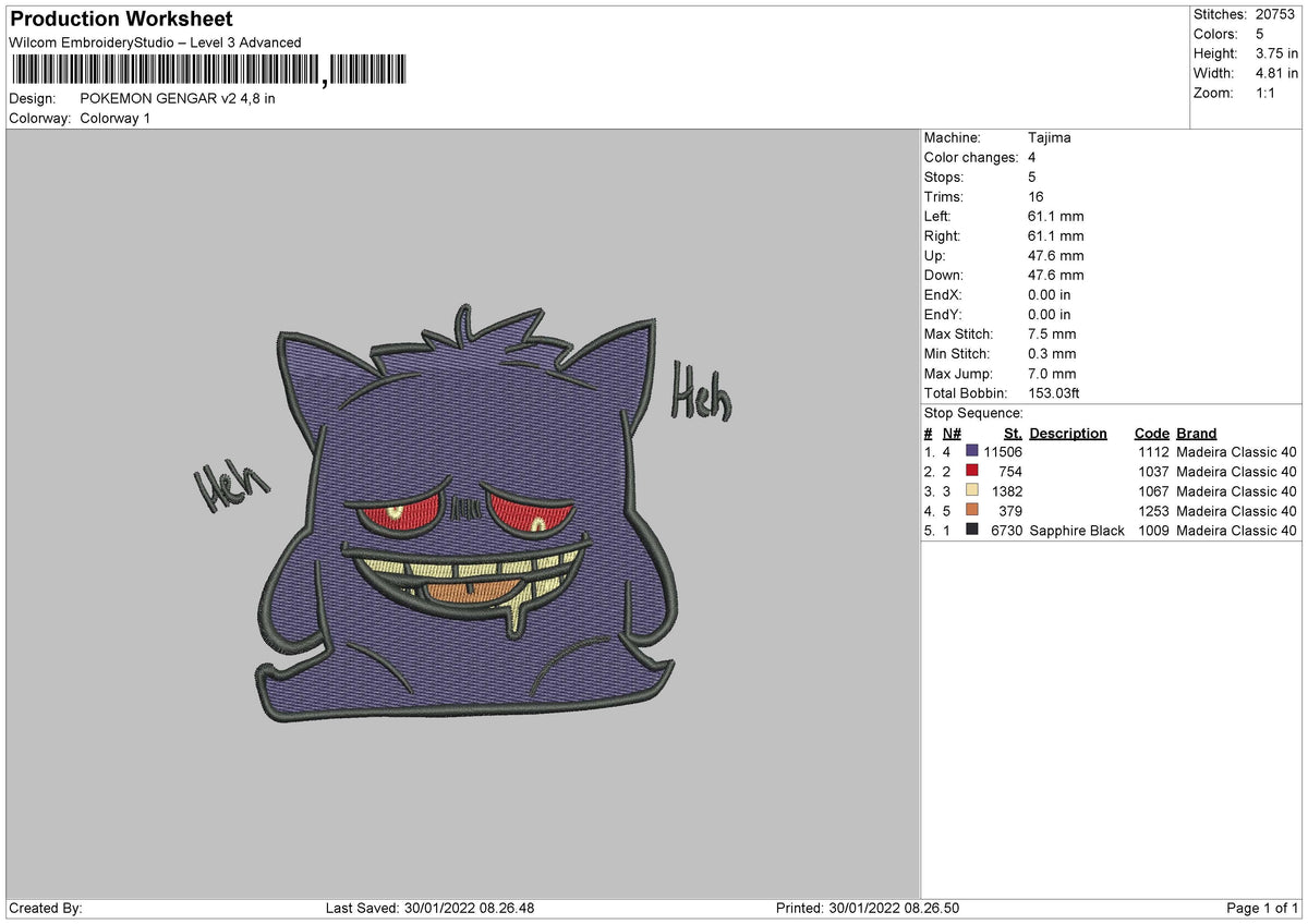 Pokemon Gengar v2 Embroidery