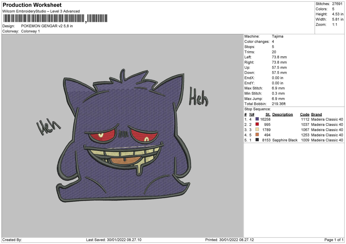 Pokemon Gengar v2 Embroidery