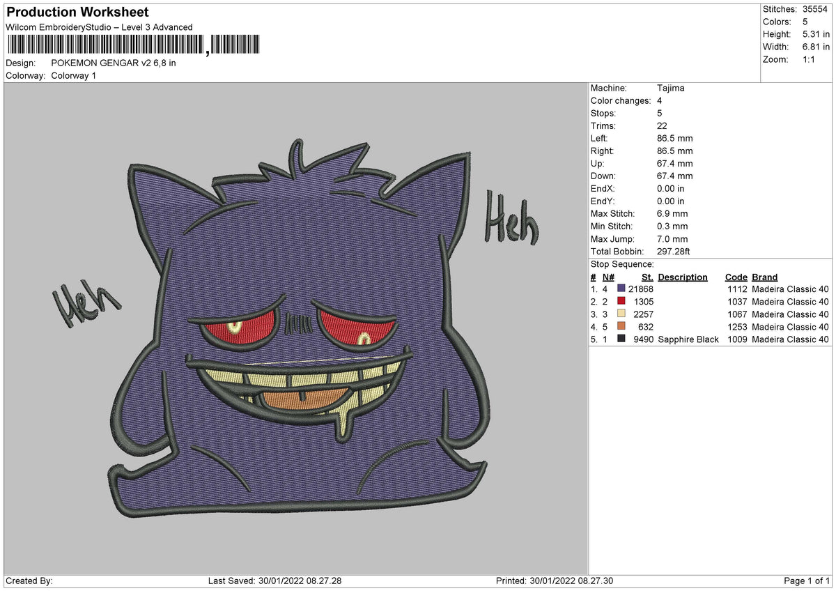 Pokemon Gengar v2 Embroidery