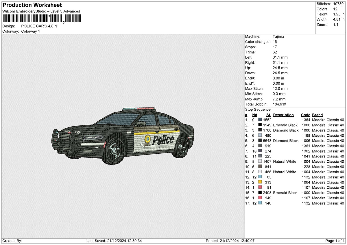 POLICE CAR'S Embroidery File 6 size