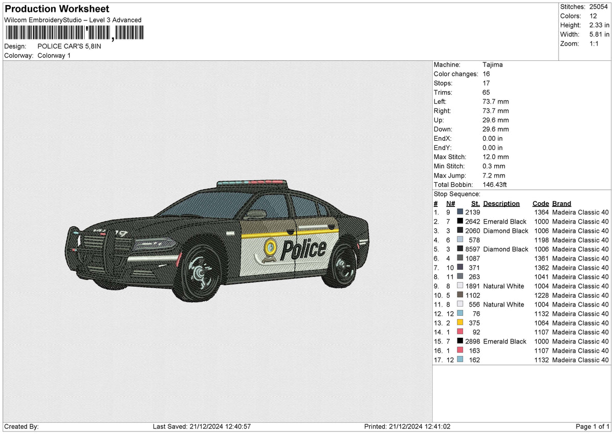 POLICE CAR'S Embroidery File 6 size