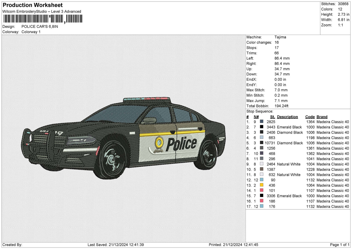 POLICE CAR'S Embroidery File 6 size