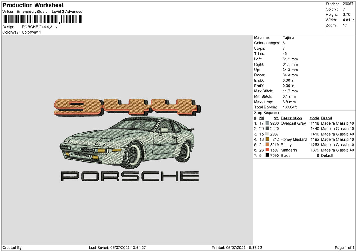Porche 944 Embroidery File 6 sizes