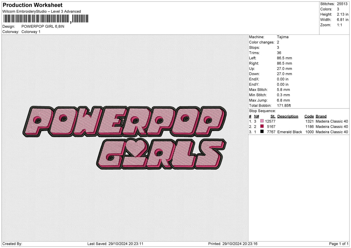 POWERPOP GIRL Embroidery File 6 size