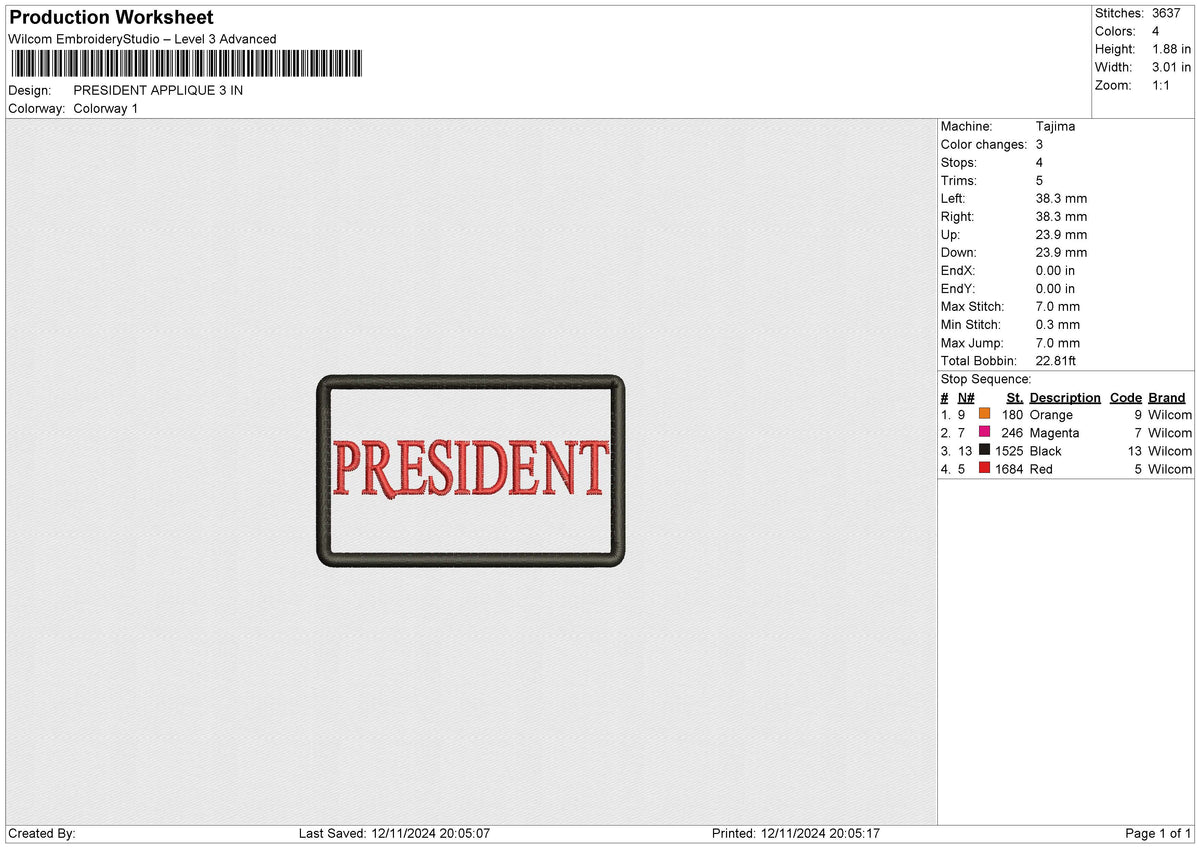 PRESIDENT APPLIQUE Embroidery File 6 size