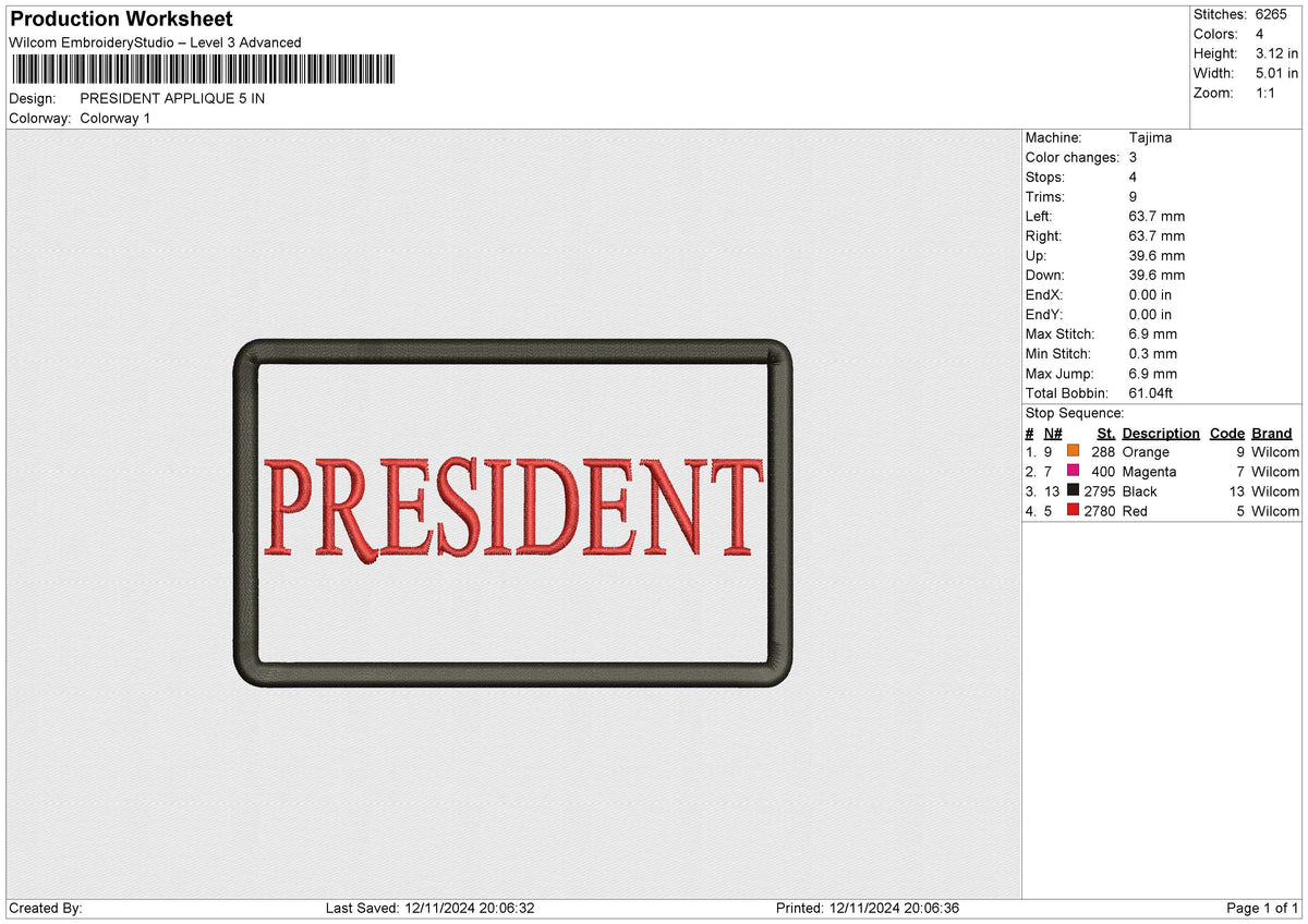 PRESIDENT APPLIQUE Embroidery File 6 size