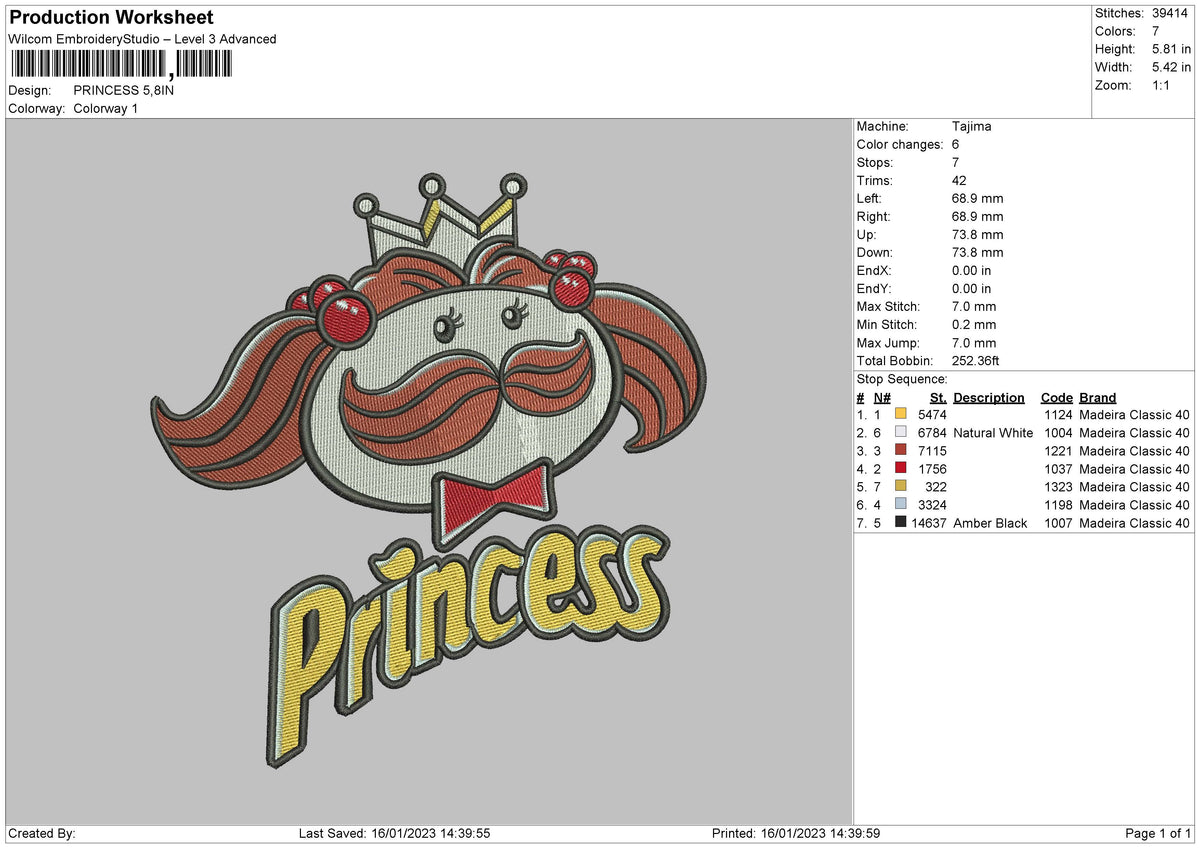 Princess Embroidery File 6 sizes