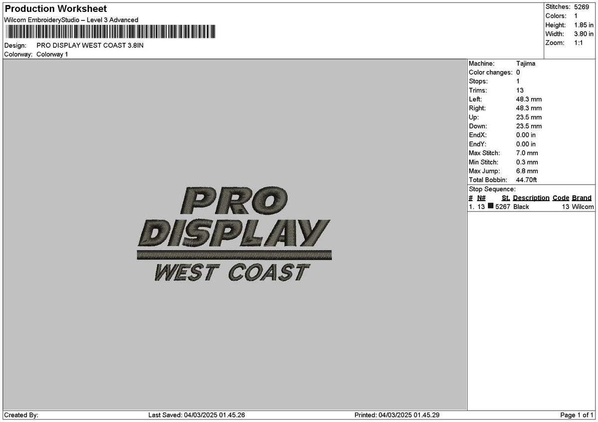Prodisplaytext Embroidery File 6 sizes