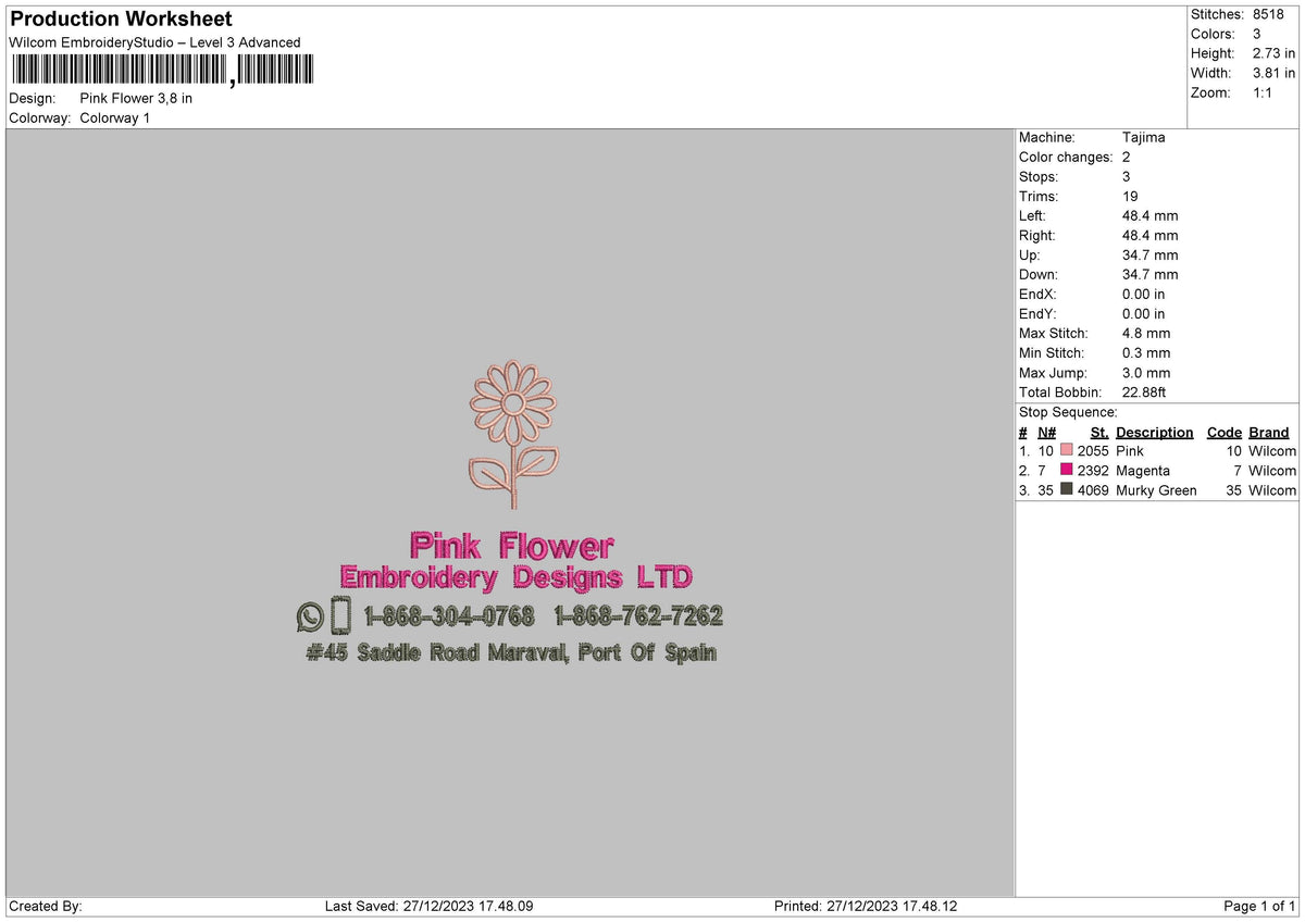 Pink Flower Embroidery File 6 sizes