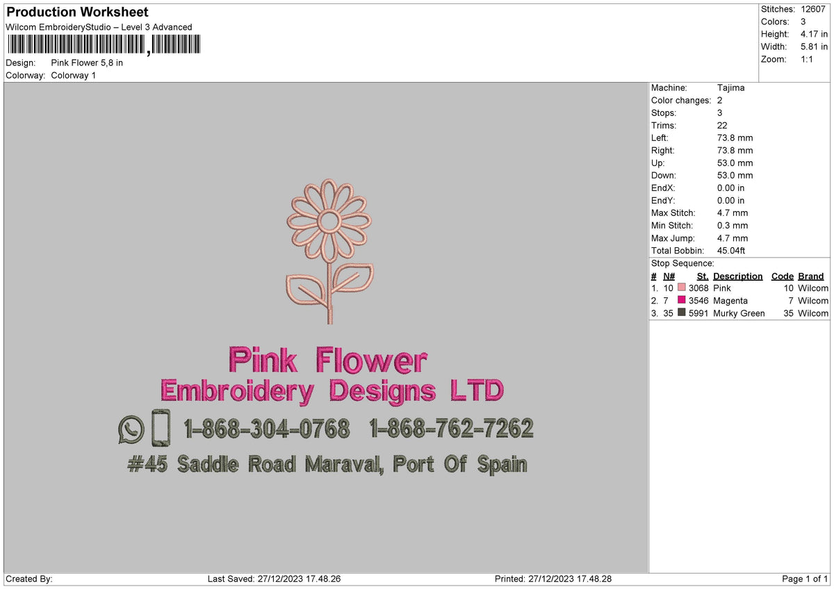 Pink Flower Embroidery File 6 sizes