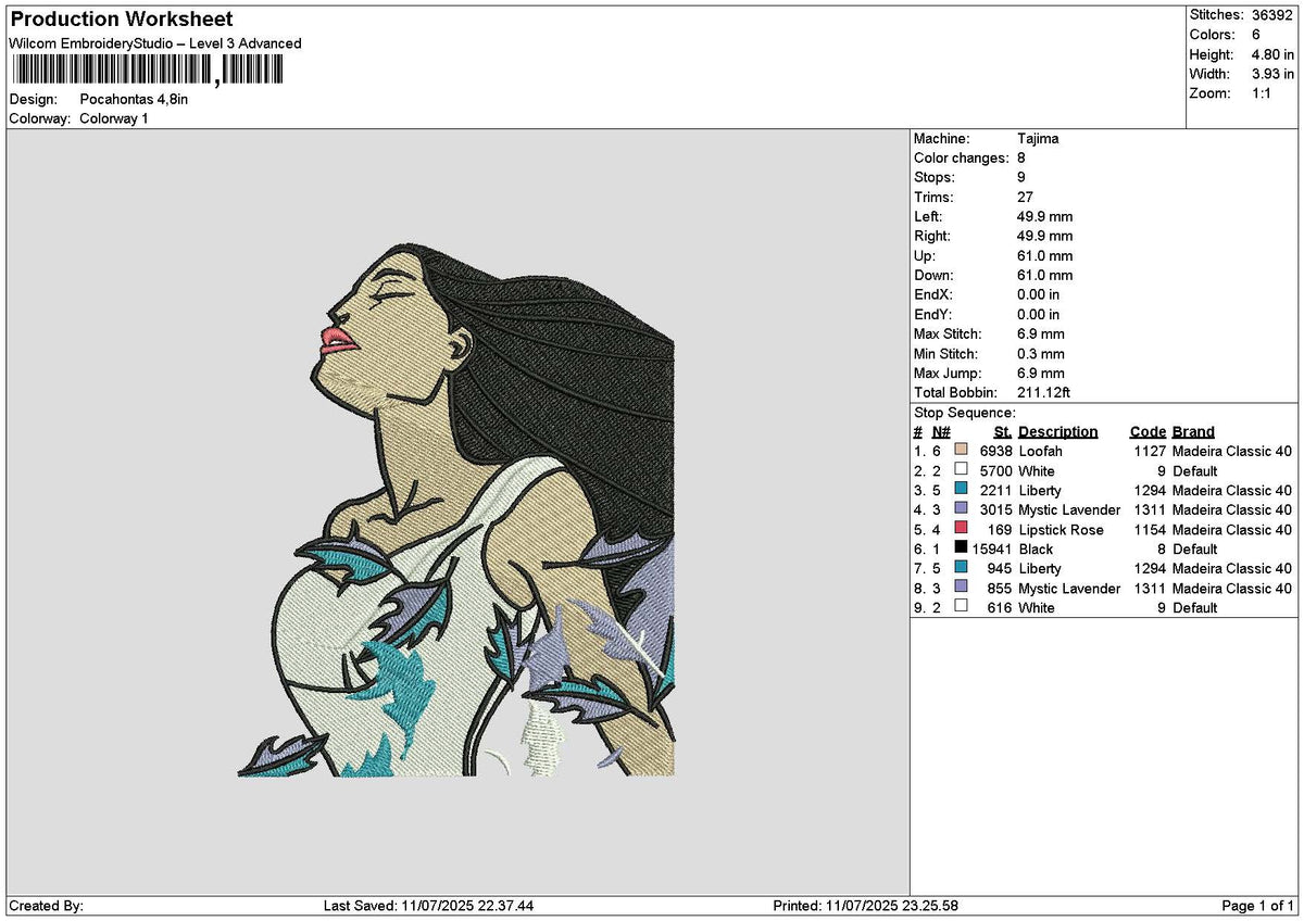 Pocahontas 01 Embroidery File 6 sizes