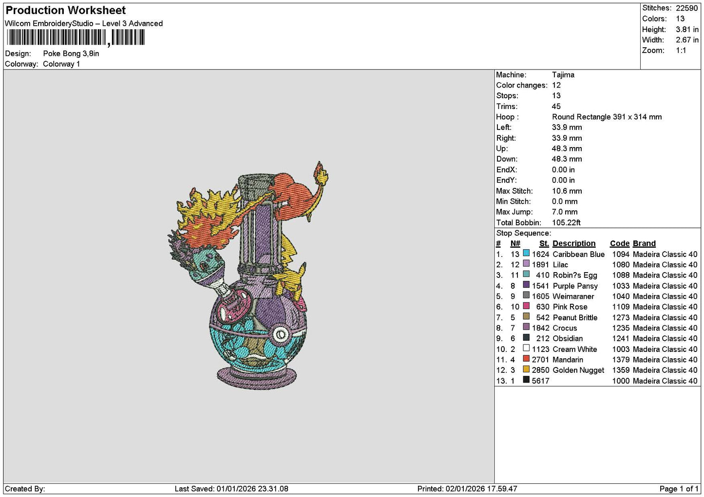 Pokemon 0201 Embroidery File 6 sizes