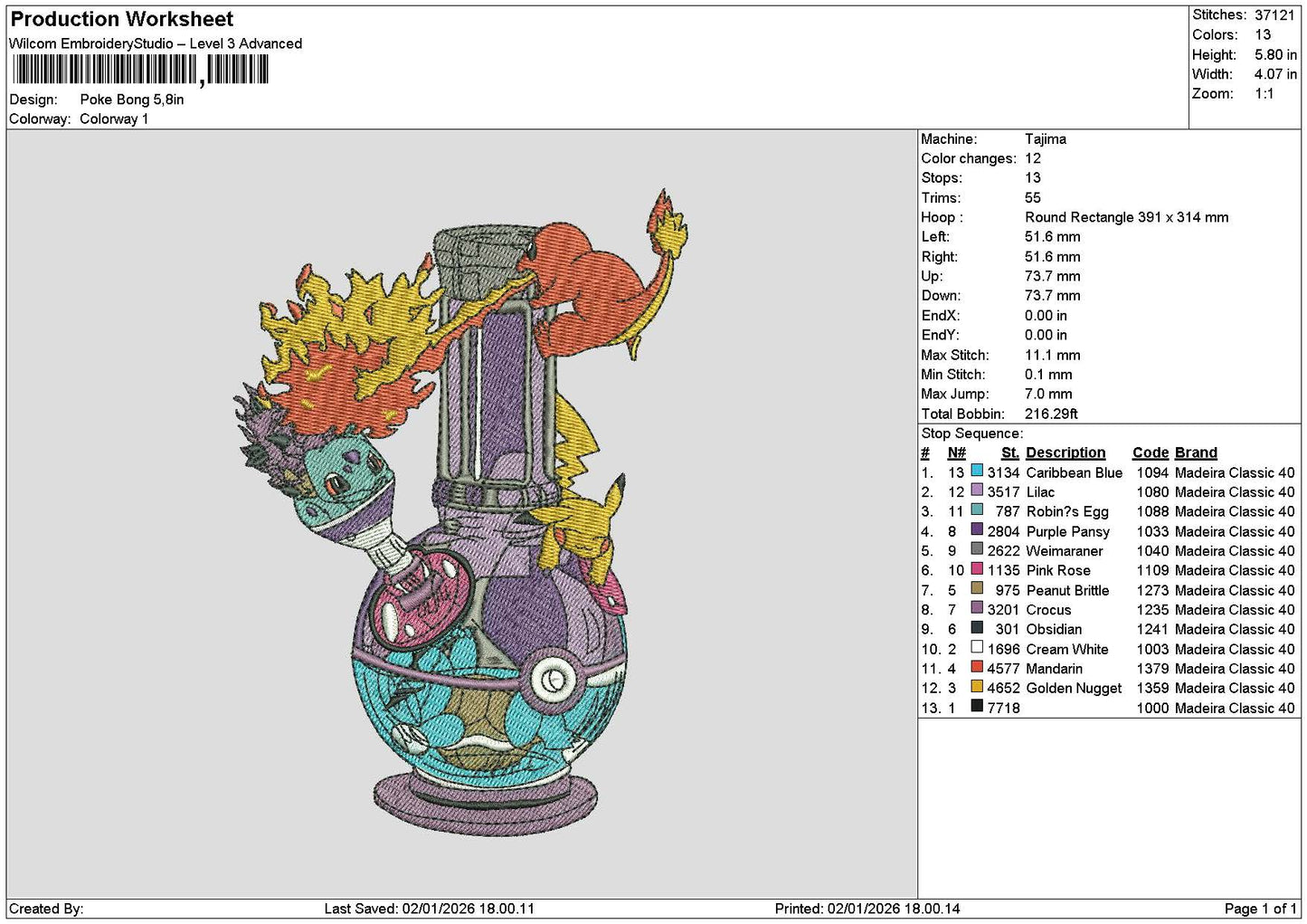 Pokemon 0201 Embroidery File 6 sizes