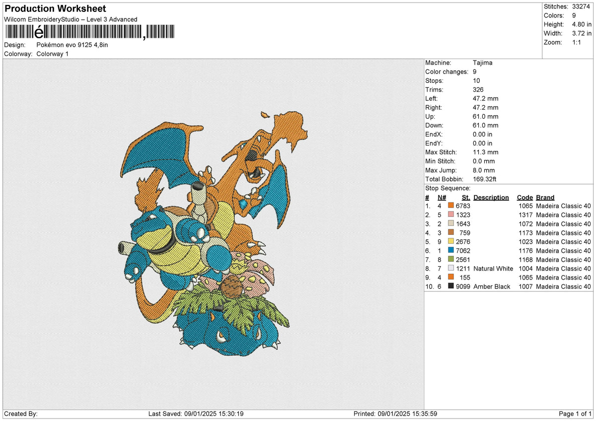 Pokémon evo 9125 Team Embroidery File 6 size
