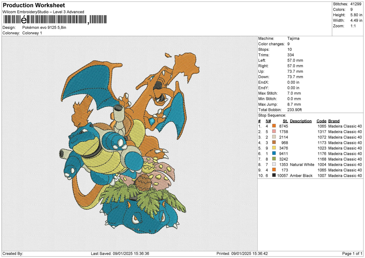 Pokémon evo 9125 Team Embroidery File 6 size