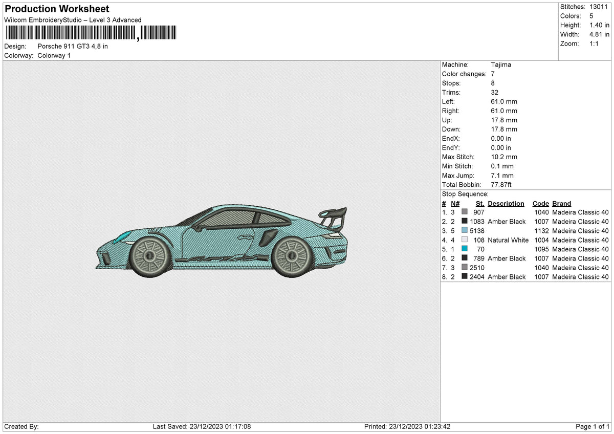 Porsche 911 GT3 Embroidery File 6 size