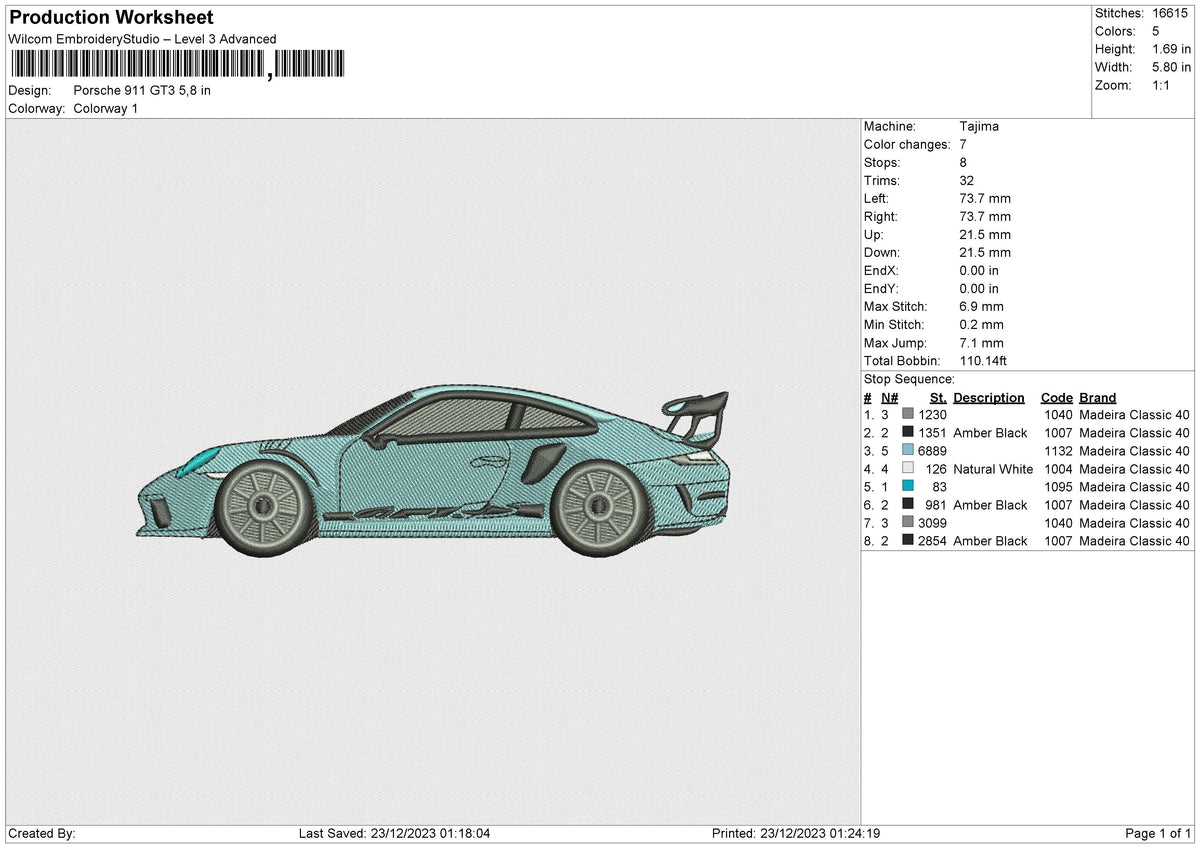Porsche 911 GT3 Embroidery File 6 size