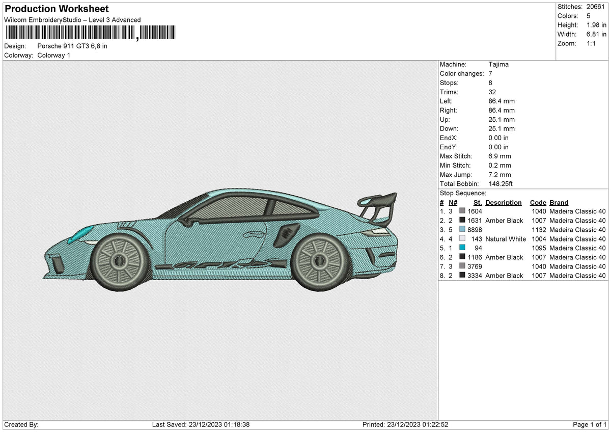Porsche 911 GT3 Embroidery File 6 size