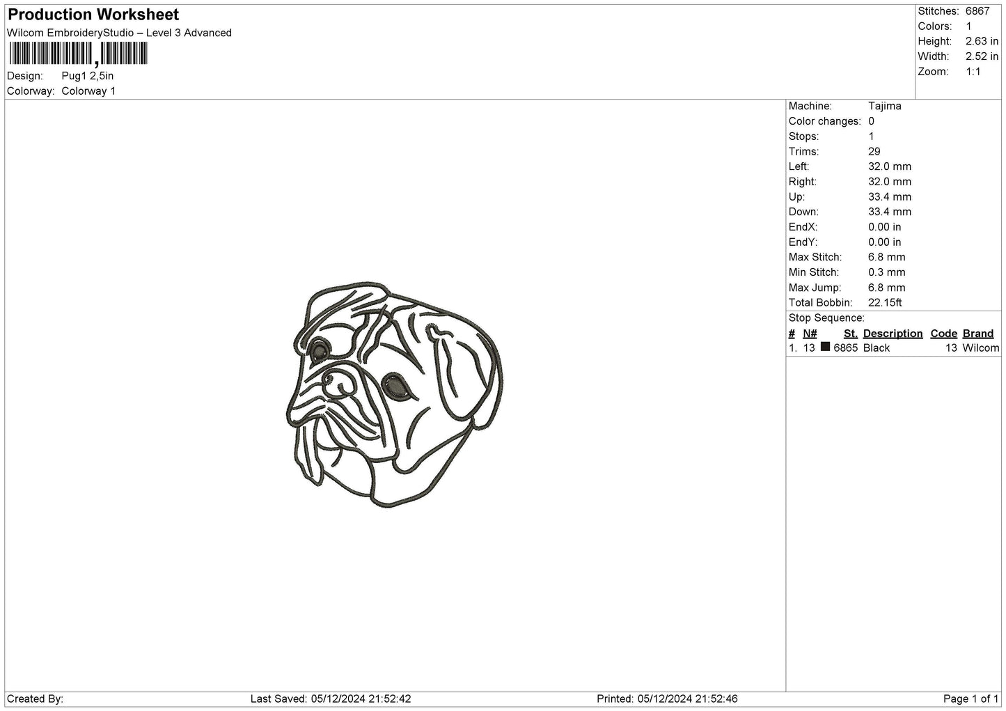 PUG1 Embroidery File 6 size