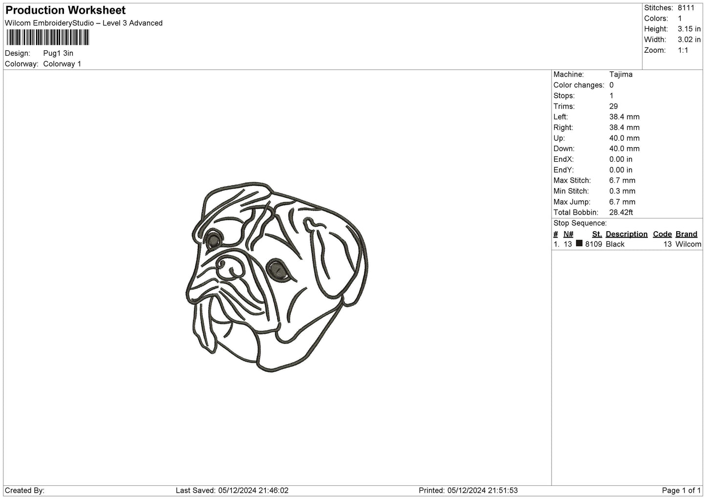PUG1 Embroidery File 6 size