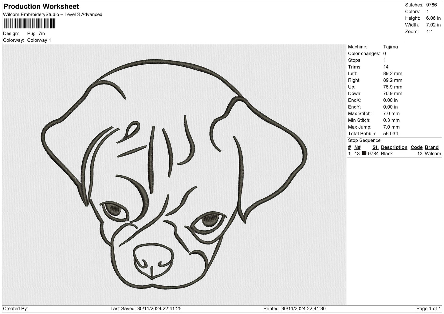 Pug Embroidery File 6 size