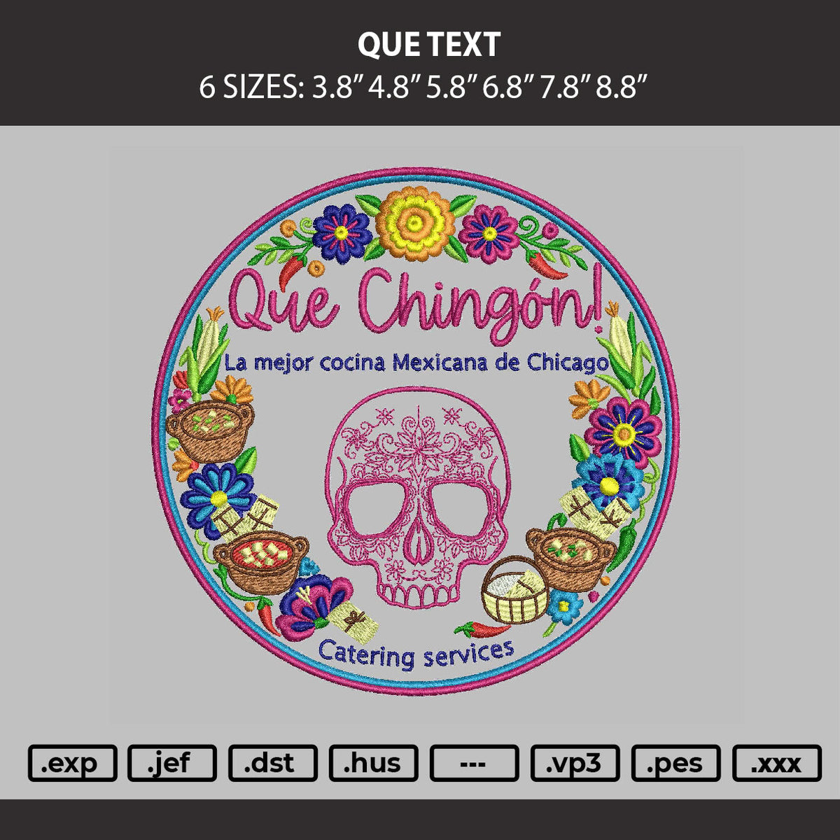 Que Text Embroidery Machine Design File 6 sizes