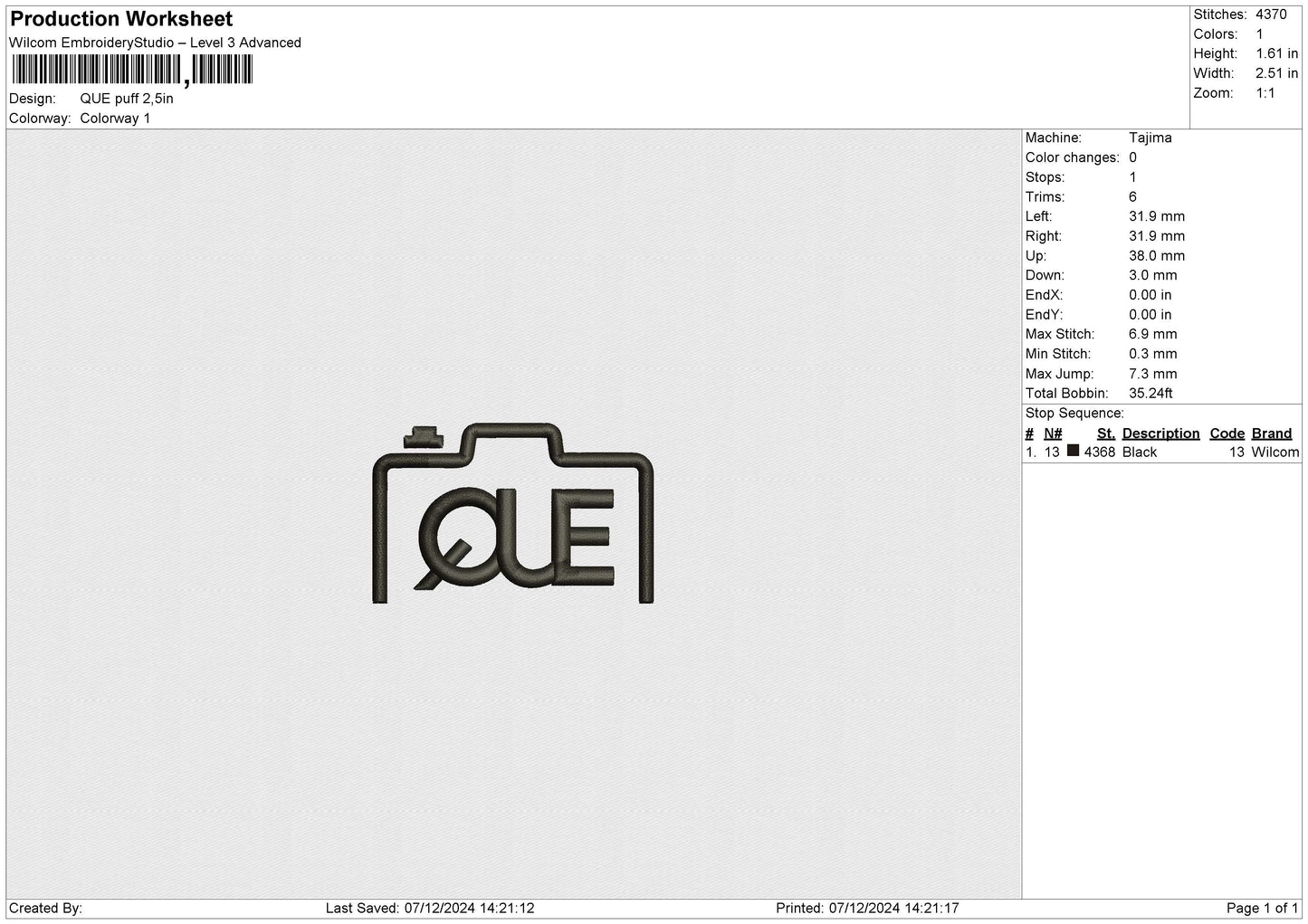 QUE puff Embroidery File 6 sizes