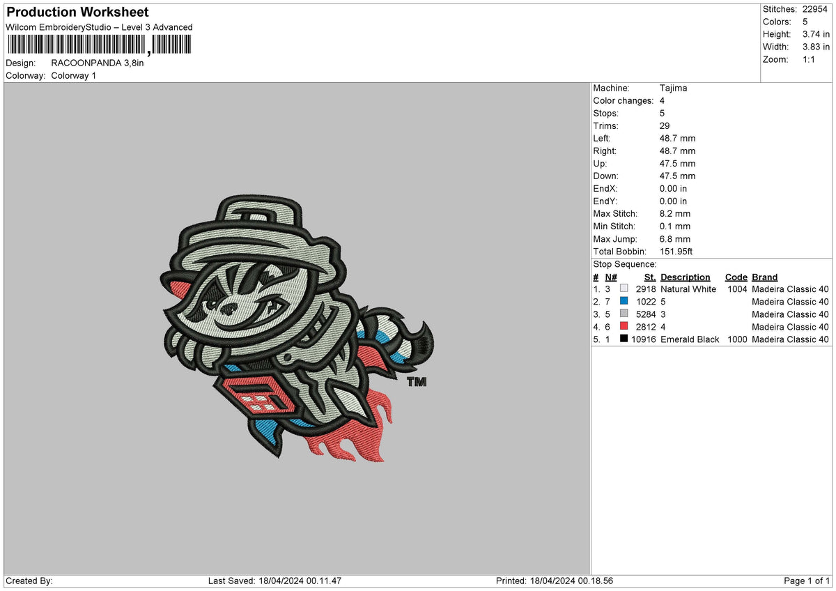 Racoon1804 Embroidery File 6 sizes