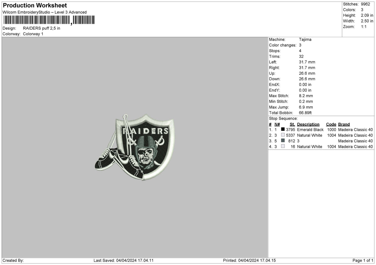 Raiderspuff Embroidery File 6 sizes
