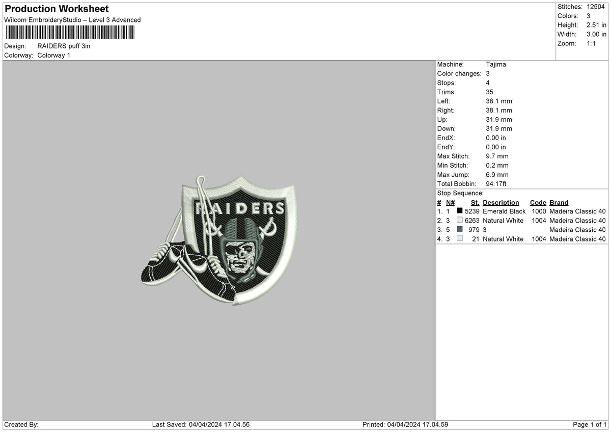 Raiderspuff Embroidery File 6 sizes