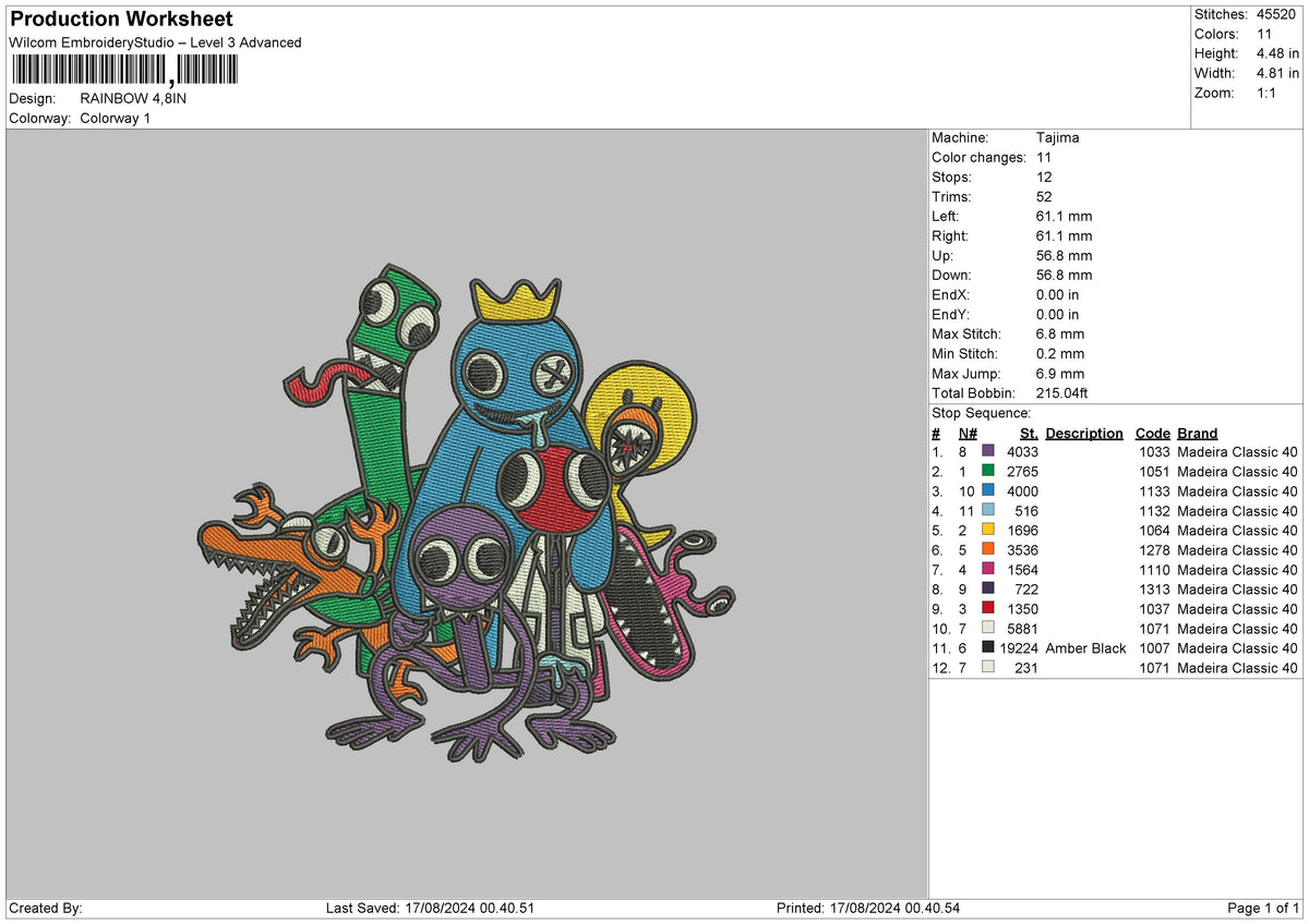 Rainbow Character Embroidery File 6 sizes