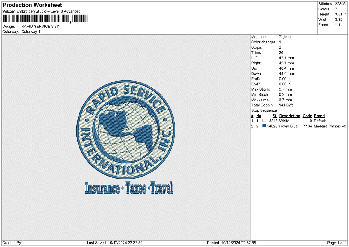 RAPID SERVICE Embroidery File 6 size