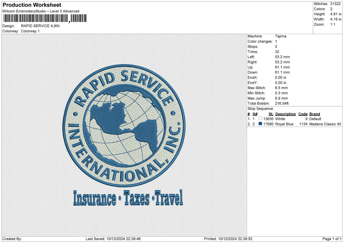 RAPID SERVICE Embroidery File 6 size