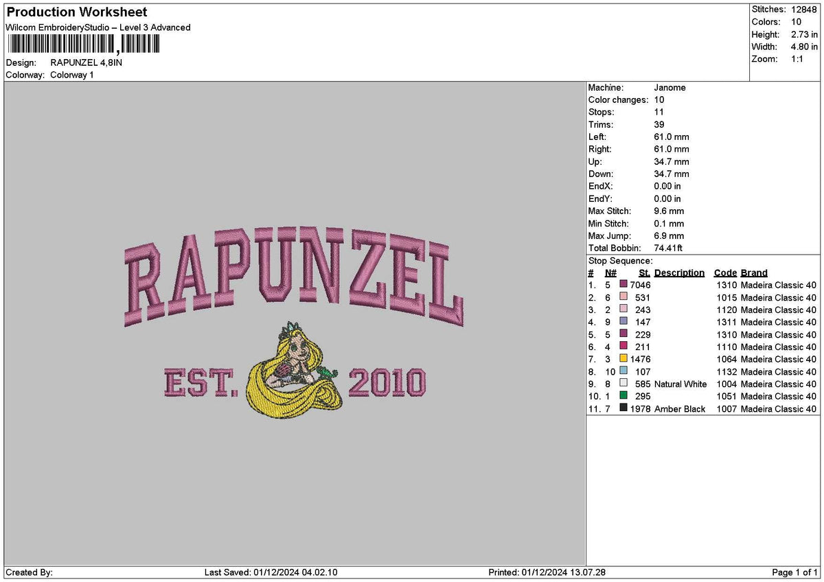 Rapunzeltext0112 Embroidery File 6 sizes