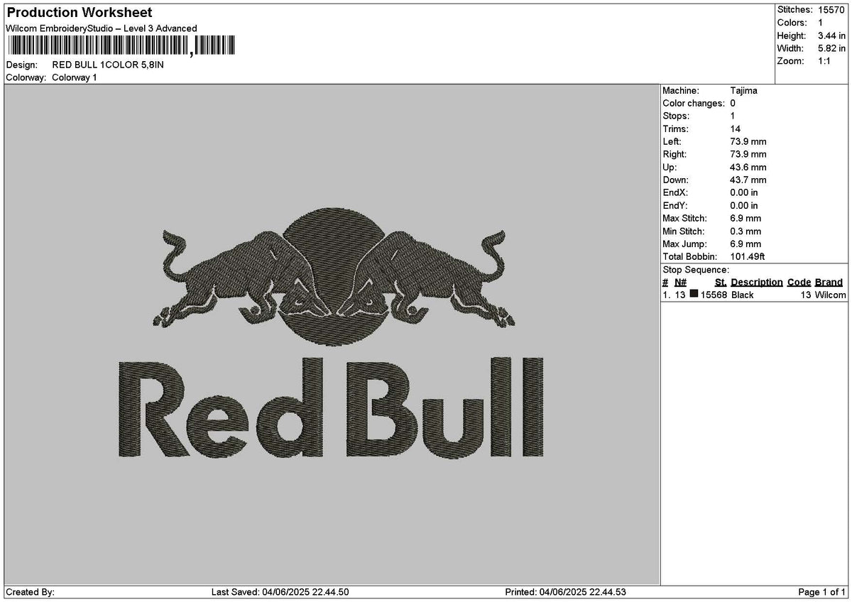 Redbull 1Color Embroidery File 6  sizes