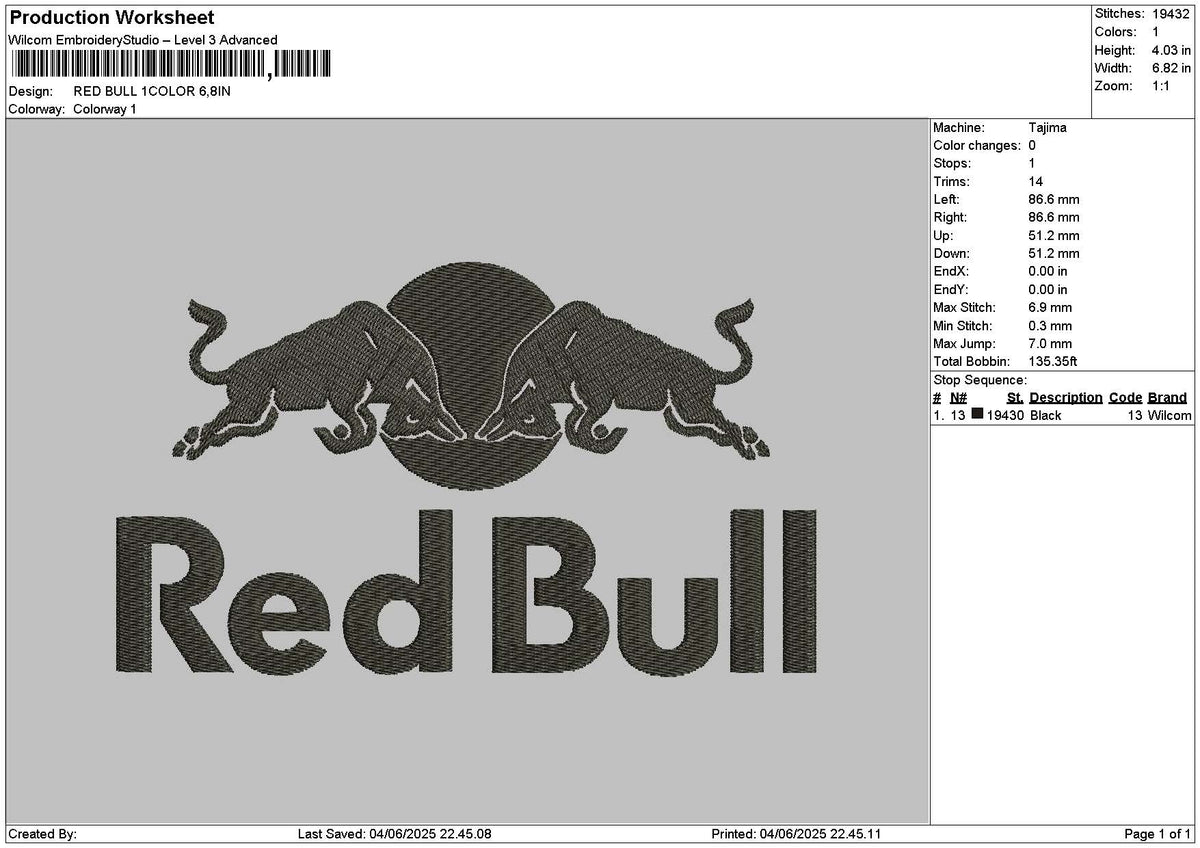 Redbull 1Color Embroidery File 6  sizes