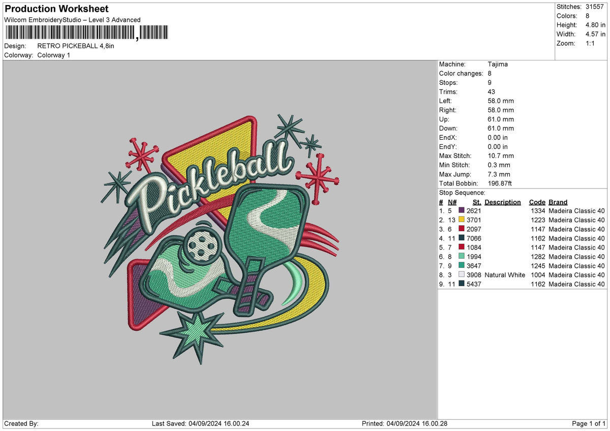 Pickleball0409 Embroidery File 6 sizes