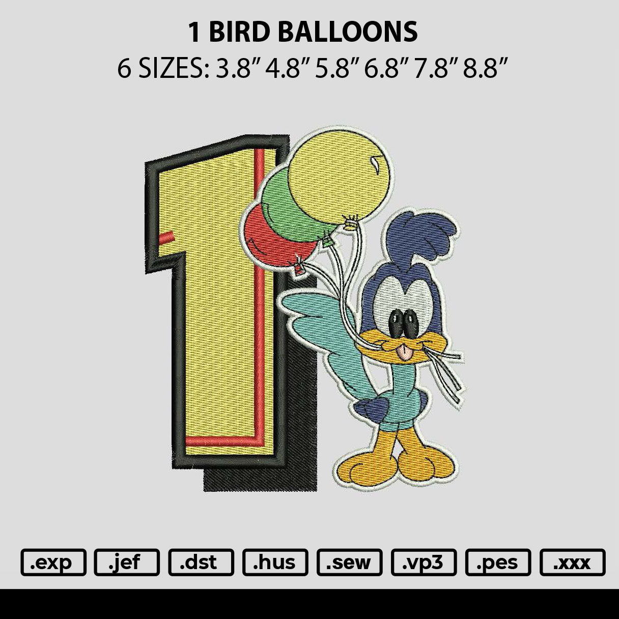 1 Bird Balloons Embroidery File 6 sizes