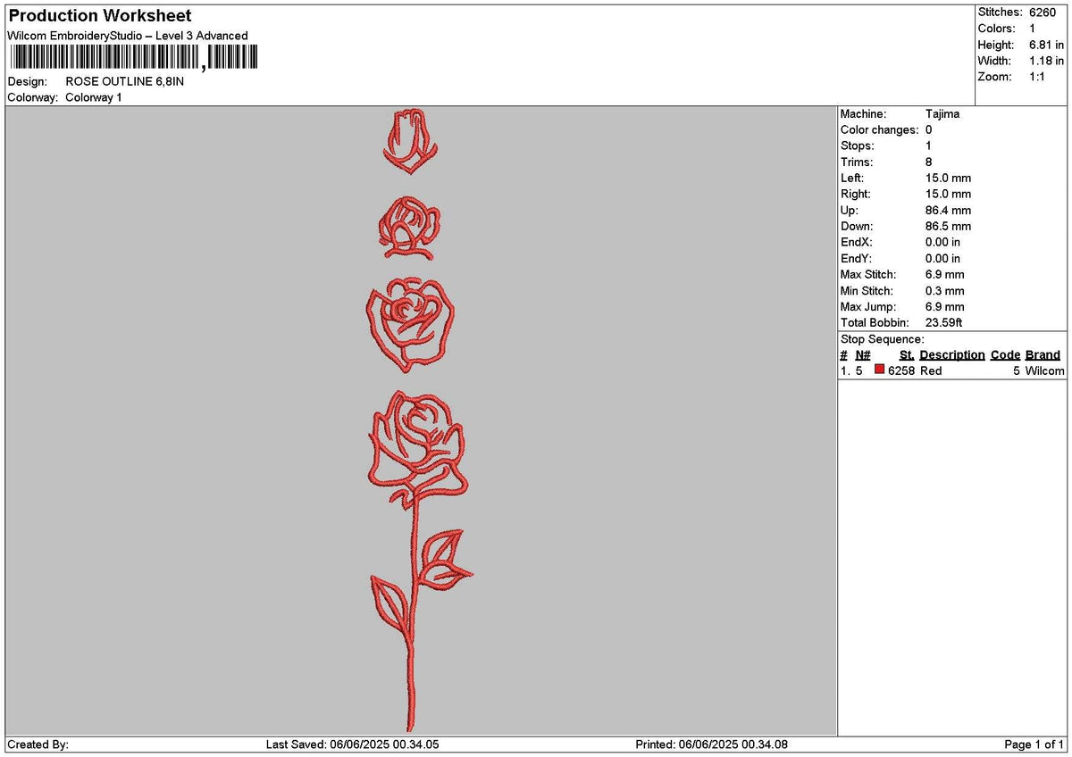 Rose Outline Embroidery File 6 sizes