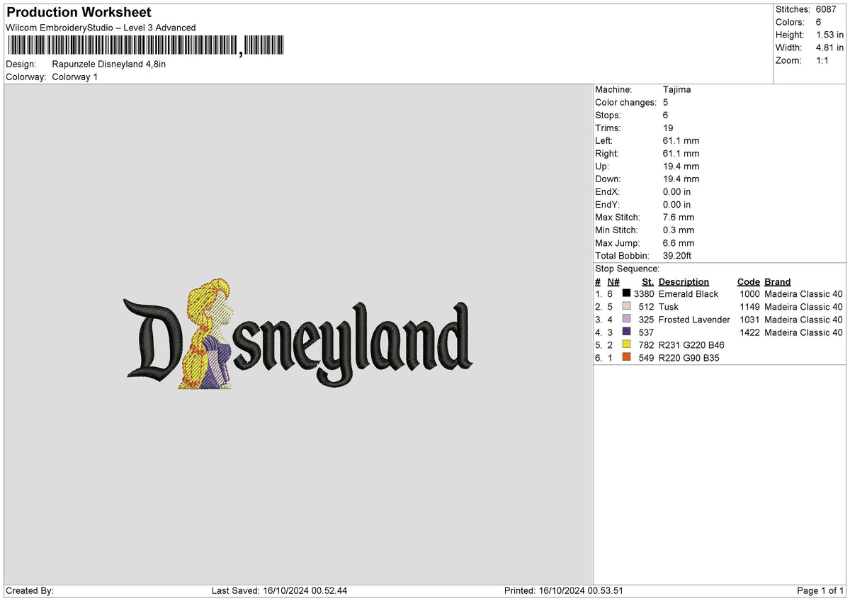 Dland Rapunzel Embroidery File 6 sizes