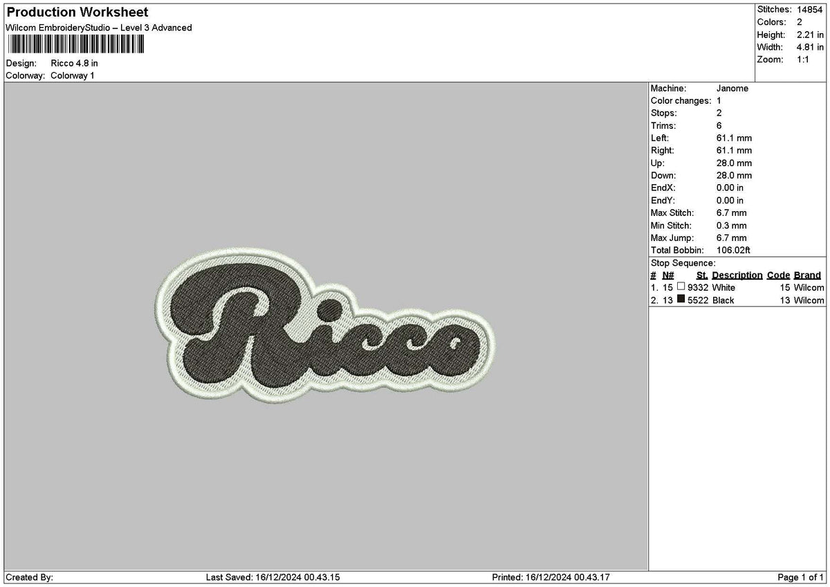 Riccotext Embroidery File 6 sizes