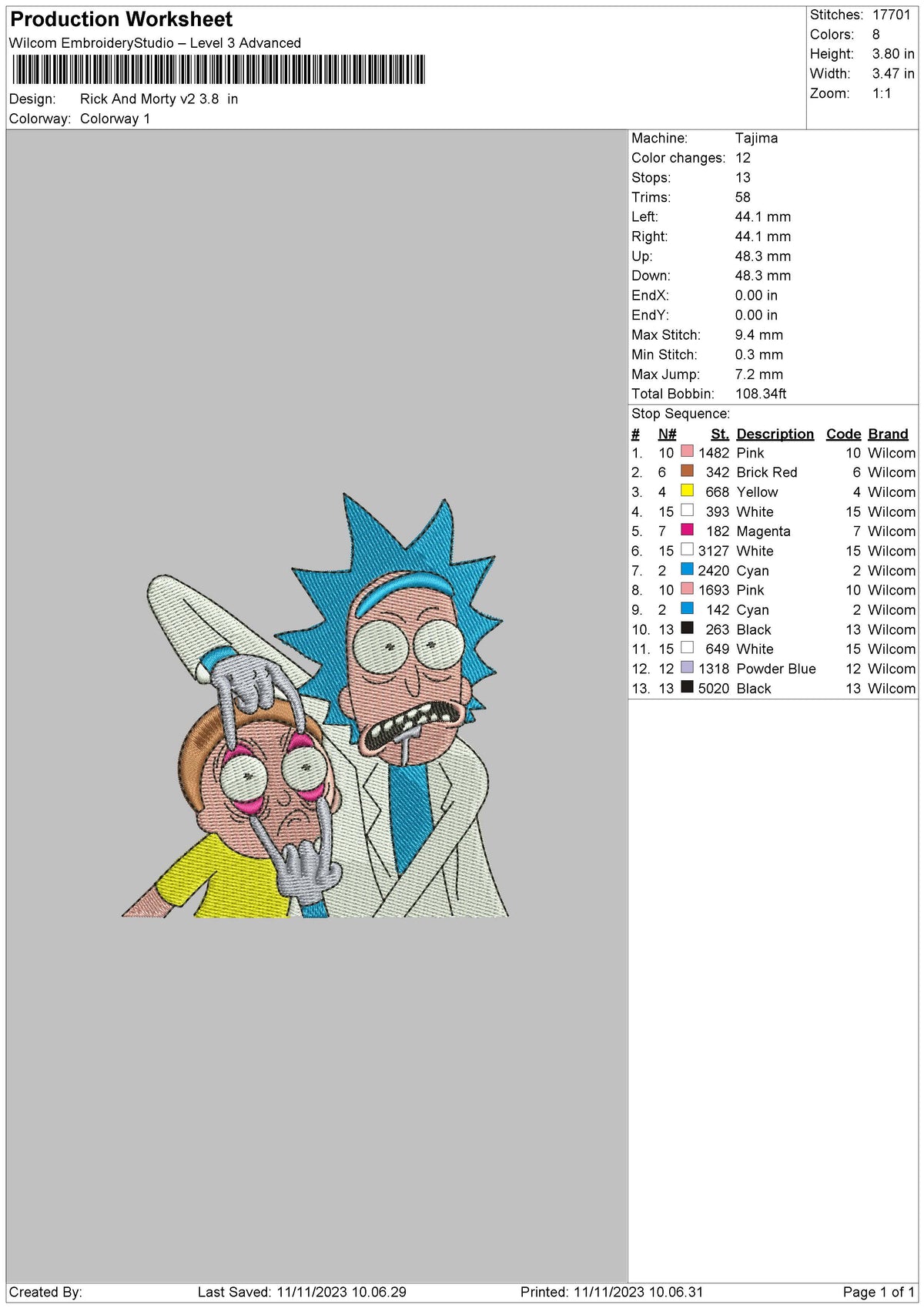 Rickv2 11 Embroidery File 6 sizes