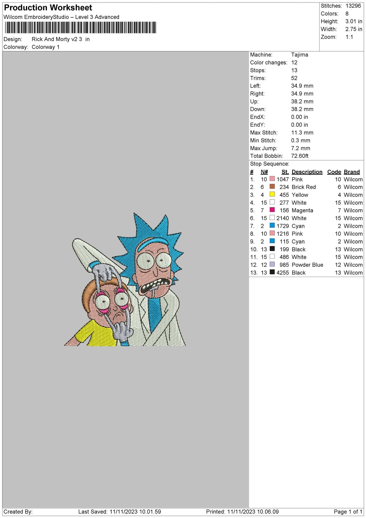 Rickv2 11 Embroidery File 6 sizes
