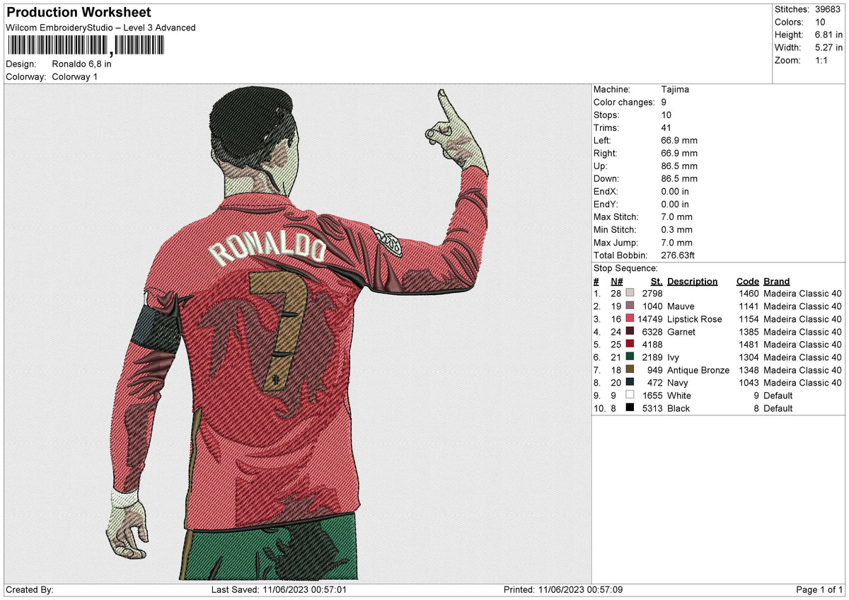 Ronaldo Embroidery File 6 size