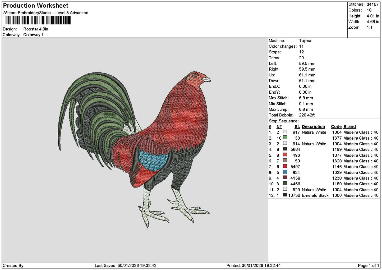 Rooster 3001 Embroidery File 6 sizes