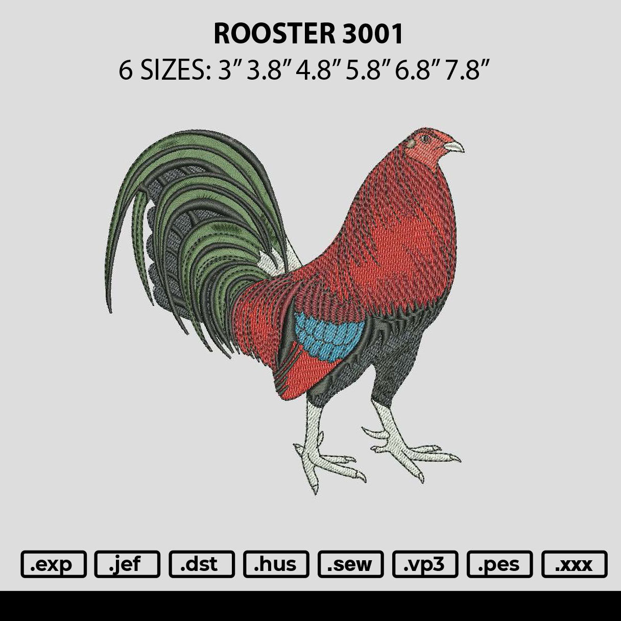 Rooster 3001 Embroidery File 6 sizes